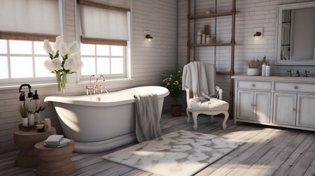Bathroom interior with bathtub and chair. 3d renderの素材