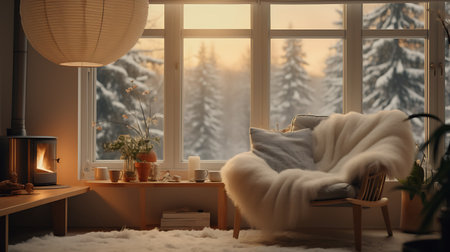 Cozy living room interior with fireplace and comfortable armchair on windowsillの素材