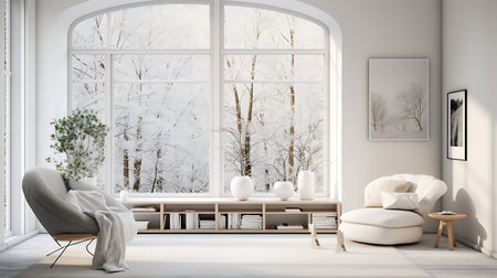 Interior of modern living room with white walls, carpet on the floor, panoramic window with winter landscape and comfortable sofa. 3d renderingの素材
