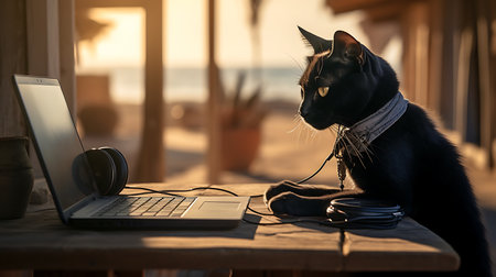 Cute black cat with headphones and laptop on wooden table at sunsetの素材