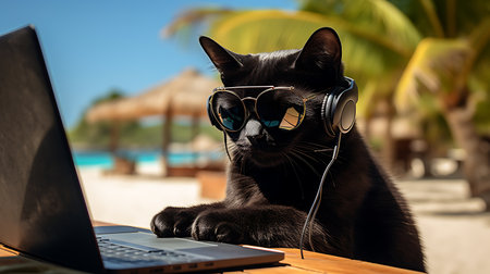 Black cat wearing sunglasses and listening to music with laptop on the beachの素材