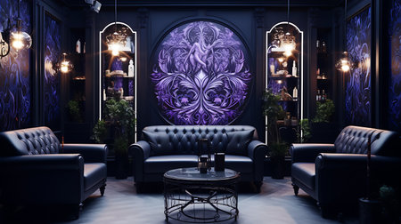 Beautiful luxury interior of a bar with black leather sofasの素材