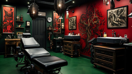 Interior of a barber shop with dark red walls and black chairsの素材