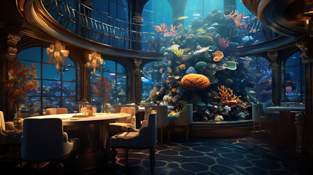 Fantasy restaurant interior with fish and plants. 3D rendering.の素材