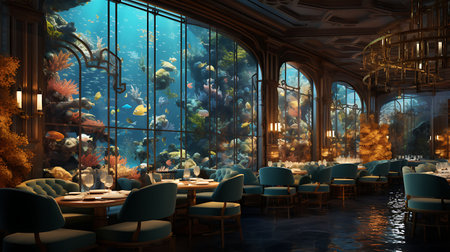 Interior of a restaurant with fish and plants. 3D renderingの素材