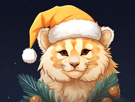 Illustration of a tiger in a cap of Santa Claus on a dark backgroundの素材