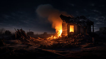 Burning house in the village at night. Concept of disaster.の素材