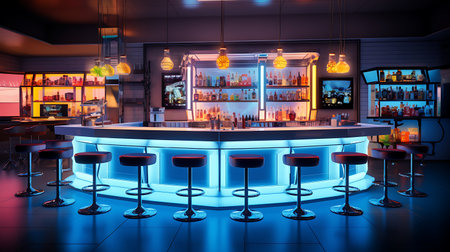 3d rendering of a bar counter with neon lights in a nightclubの素材