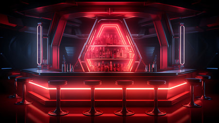 Futuristic neon red and black spaceship interior with glowing lights 3D renderingの素材