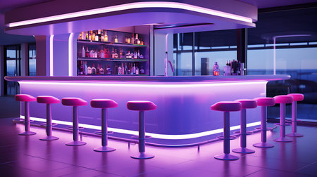 Interior of a modern bar with pink and purple lighting. 3D renderingの素材