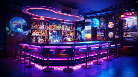 3d rendering of a night club bar interior with neon lights.の素材