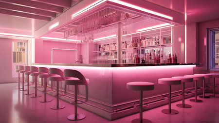 3d rendering of a pink bar interior with bar counter and chairsの素材