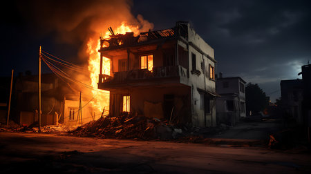Burning house in the middle of the city at night. Fire and smoke from burning building.の素材