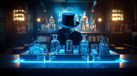Hipster man in top hat and cocktail tubes on bar counter. Mixed mediaの素材