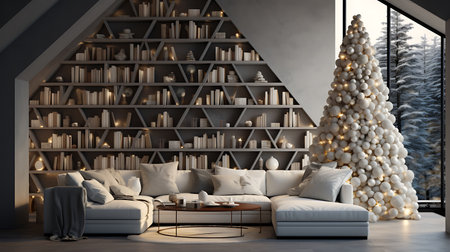 3d rendering of living room with Christmas tree and bookshelfの素材