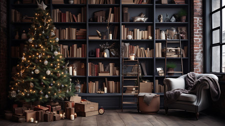 Cozy living room interior with Christmas tree, bookshelf and armchairの素材