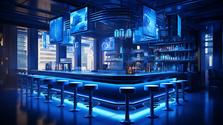 3d rendering of night club interior with bar counter and blue lightsの素材