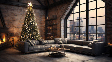 Christmas tree in loft interior with sofa and coffee table 3D renderingの素材