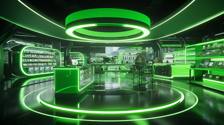 3d rendering of a neon green interior of a cafe or restaurantの素材