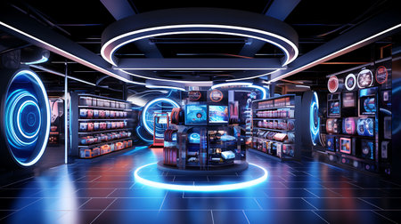 3d rendering of a Cyber space interior with neon lights and planetsの素材