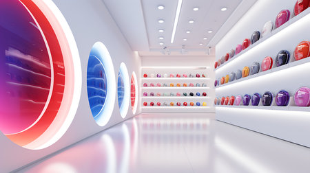 3d render of a modern shopping mall interior with colorful lights.の素材