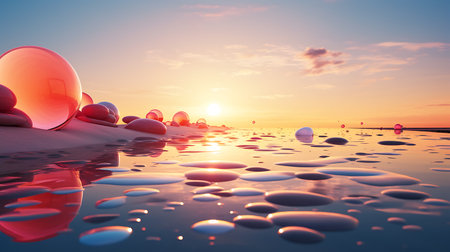 3d render of water drops on the beach with sunset sky backgroundの素材