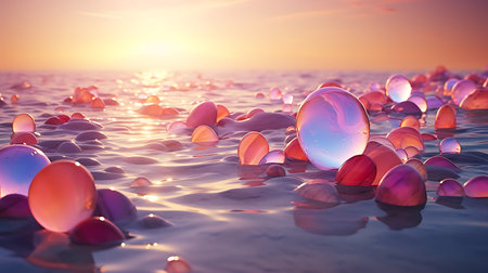 3D render of a beautiful sunset on the sea with transparent bubblesの素材