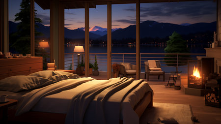3D rendering of a bedroom with a view of the lake and mountainsの素材