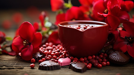 Cup of tea with red berries and chocolate candies on wooden backgroundの素材