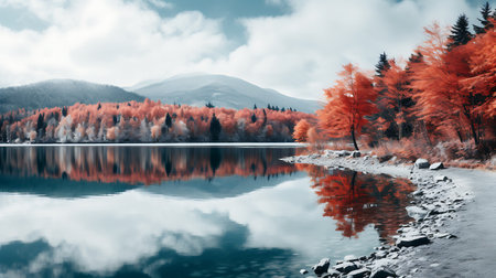 Landscape of autumn forest and lake with reflection of mountains and cloudsの素材