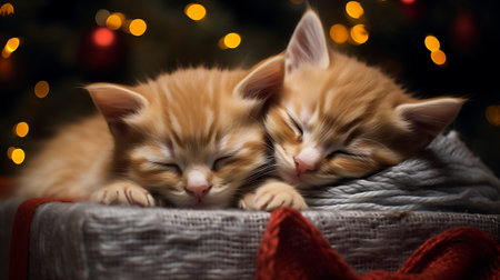 Cute ginger kittens sleeping in front of christmas tree with lightsの素材