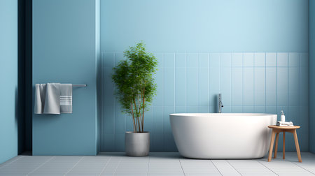 Interior of modern bathroom with blue tile walls, tiled floor, comfortable white bathtub and green plant in pot. 3d renderingの素材