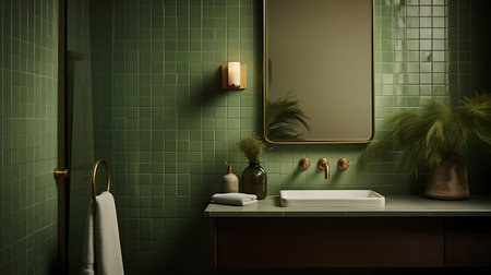 Bathroom interior with green tile wall, 3d render illustrationの素材