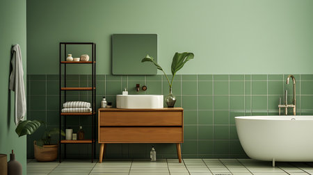 Bathroom interior with green walls, tiled floor, comfortable white bathtub, shelves with towels and plants. 3d renderingの素材