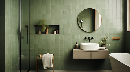 Bathroom interior with green tile wall, double sink and mirror. 3d renderの素材