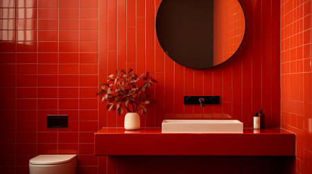 3d render of modern bathroom with red tile wall and double sinkの素材