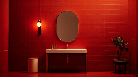 3d render of modern bathroom with red tile wall and mirror.の素材