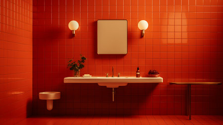 3D rendering of a modern bathroom with a red tile wall.の素材
