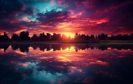 beautiful sunset over the lake and the sky reflected in the waterの素材