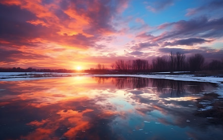 Beautiful sunset over the river in winter. Landscape with beautiful sky.の素材