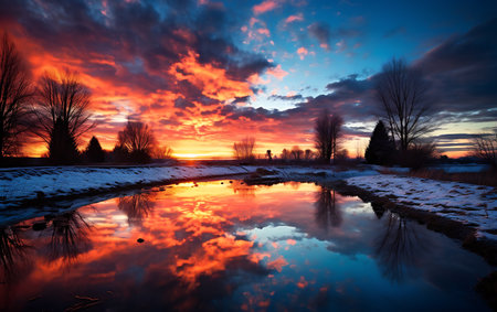 Sunset over a small river in the countryside. Winter landscape.の素材