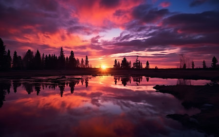 Beautiful sunset over the lake in Yellowstone National Park, Wyoming.の素材