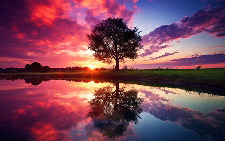 Lonely tree in the field at sunset with reflection in waterの素材