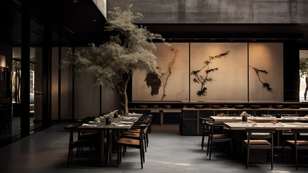 Interior of a restaurant with tables and chairs. 3d renderingの素材