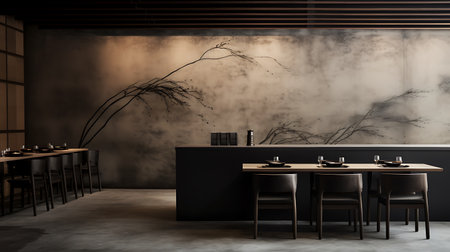 Interior of modern cafe with concrete walls, concrete floor, black and wooden bar with black stools and gray cupboards. 3d renderingの素材