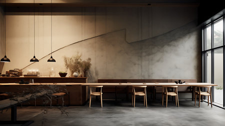 Interior of modern cafe with concrete walls, concrete floor and long wooden tables with wooden chairs. 3d renderingの素材