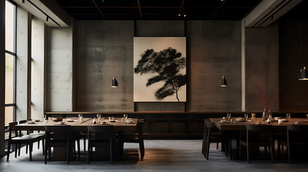 Interior of modern restaurant with wooden walls, concrete floor, long wooden tables and black chairs. 3d renderingの素材