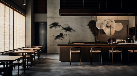 Interior of modern cafe with black walls, concrete floor, bar counter and wooden chairs. 3d renderingの素材