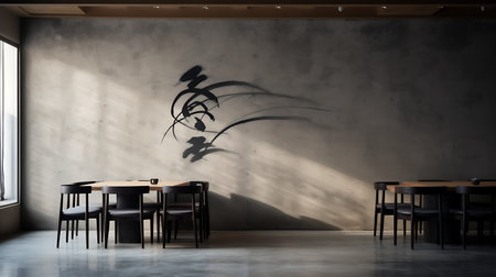 Interior of modern cafe with concrete walls, concrete floor and black chairs. 3d renderingの素材