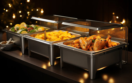 Catering buffet for Christmas dinner in restaurant, closeup viewの素材